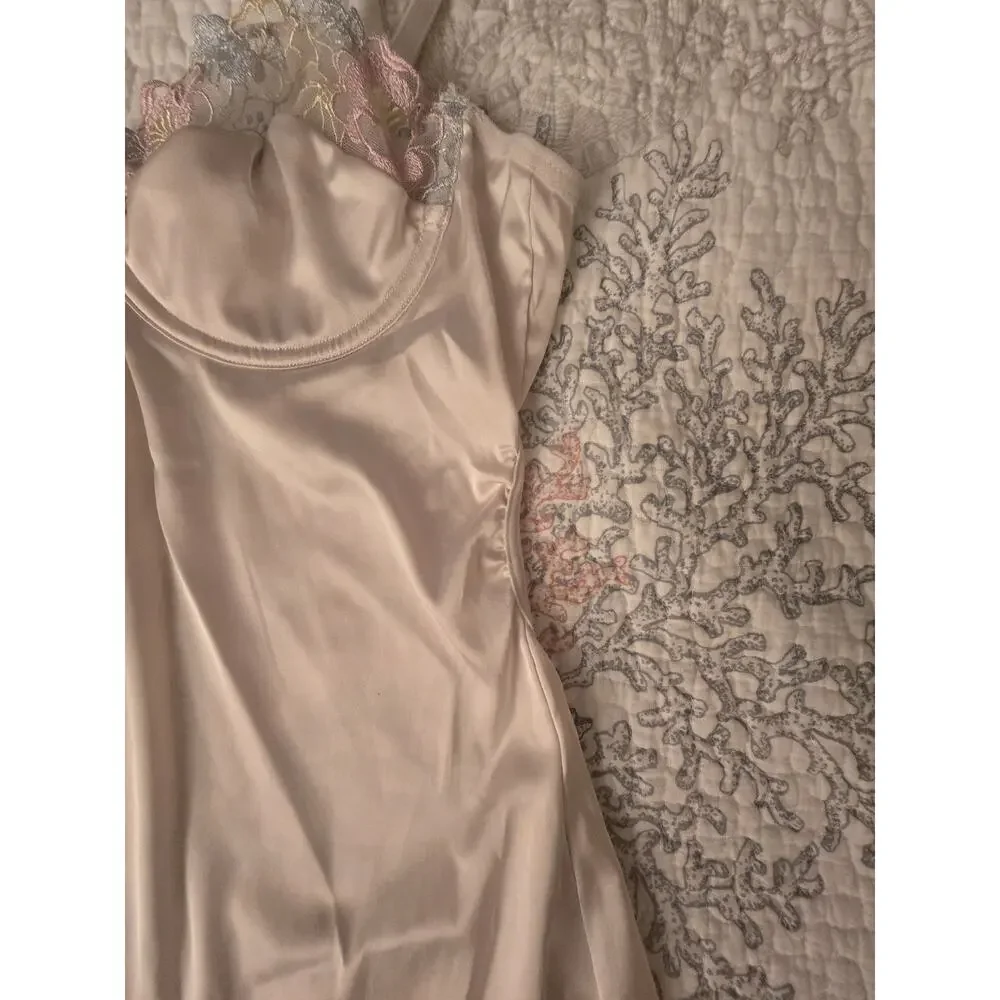 Lace Trim Bodice Blush Slip Nightie Lingerie Dress Keyhole Bodice Open Back Sz M